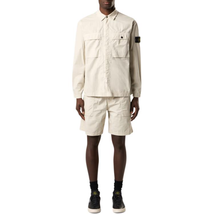 STONE ISLAND Solid Color Polo Collar Long Sleeve Shirt Men Shirts Beige K1S1512000-15S0003-V0095