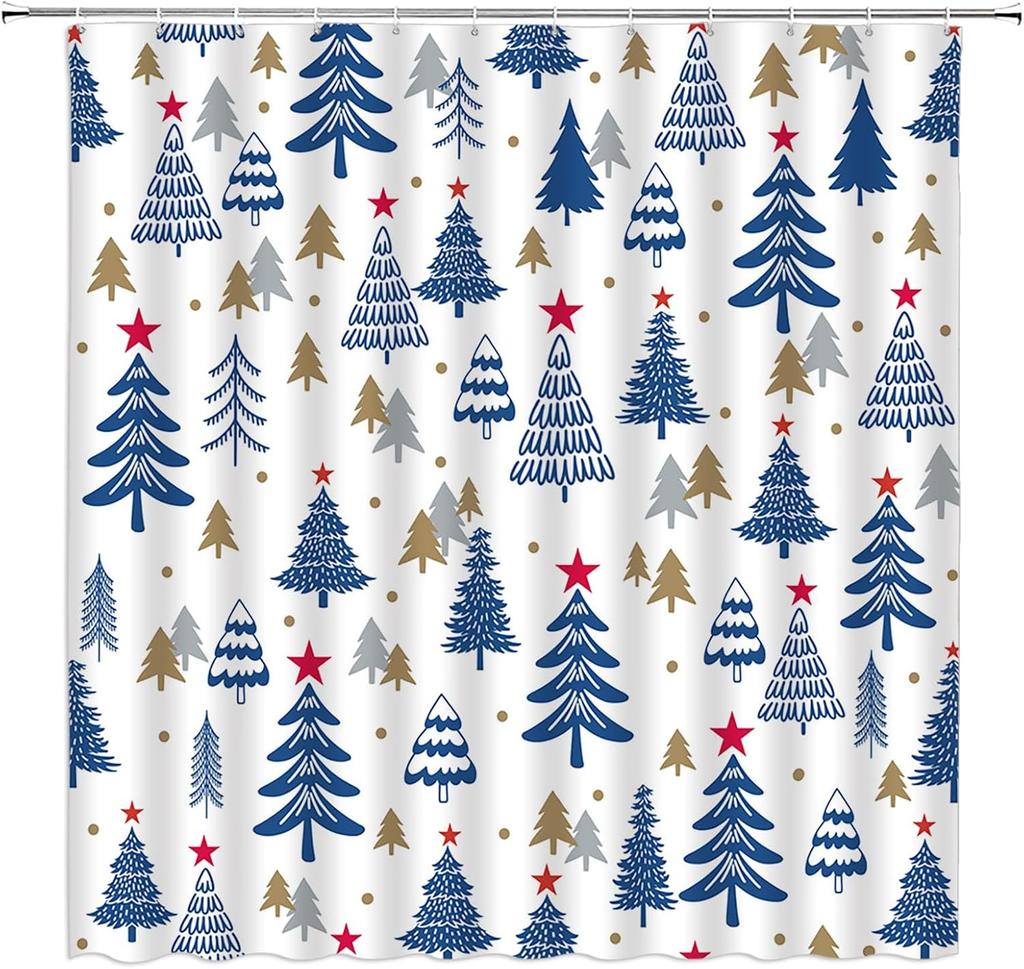 Christmas Tree Shower Curtain Blue Cute Xmas Tree Stars Cartoon Winter Holiday Merry Christmas New Year Bathroom Decor
