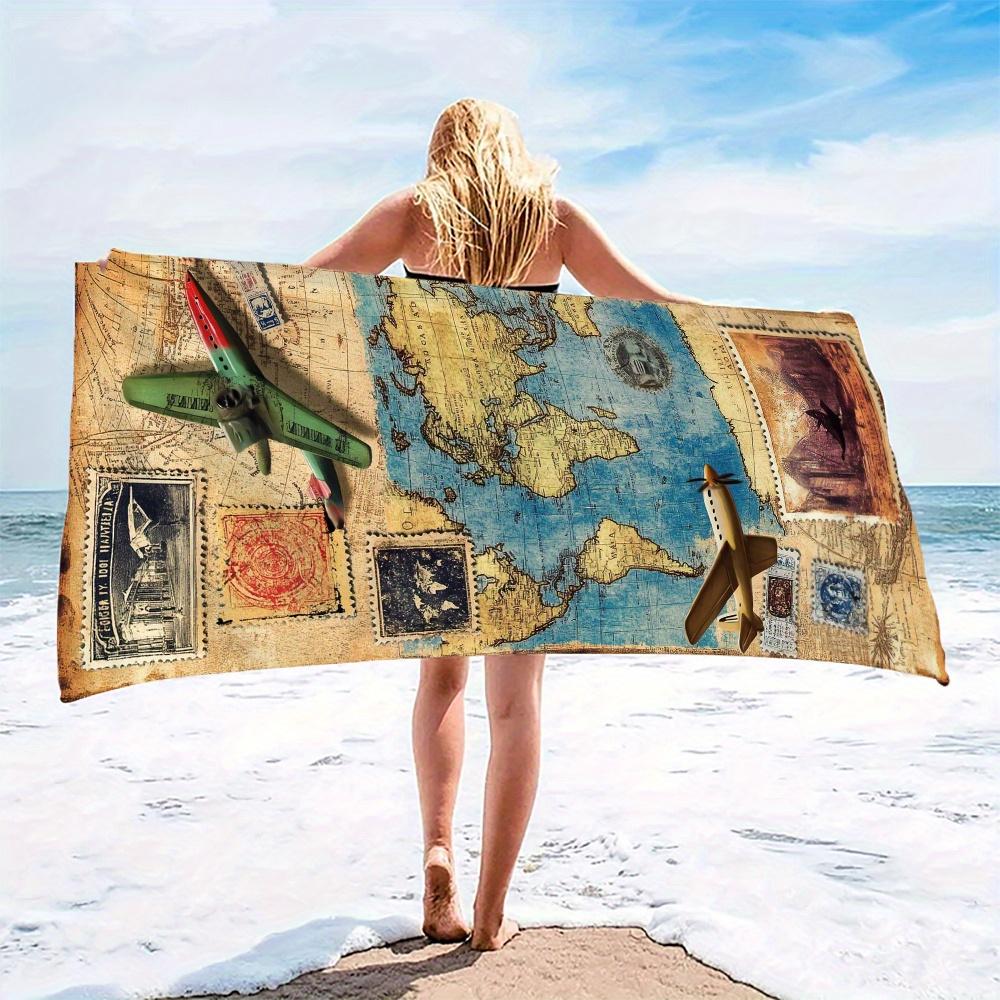 1pz Telo Mare Mappa del Mondo Retrò, Telo da Bagno Vintage da Viaggio con Motivo Aereo per Vacanze all'Aperto Campeggio Essenziali per il Bagno