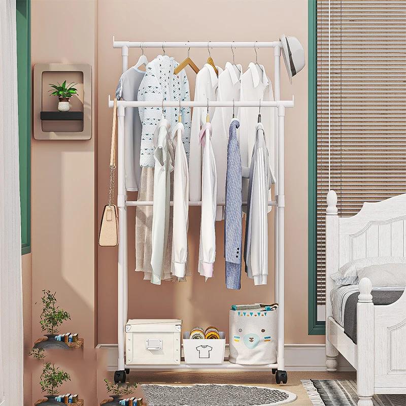 Stojak na ubrania podłogowy, dwururkowy, wielofunkcyjny, z półkami do przechowywania, na kółkach, mobilny, organizer na ubrania i kapelusze do sypialni
