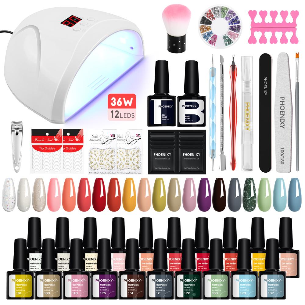 PHOENIXY 20pcs Gel Nail Polish Kit with UV Nail Lamp Top Base Coat Semi Permanent Varnish Manicure Set