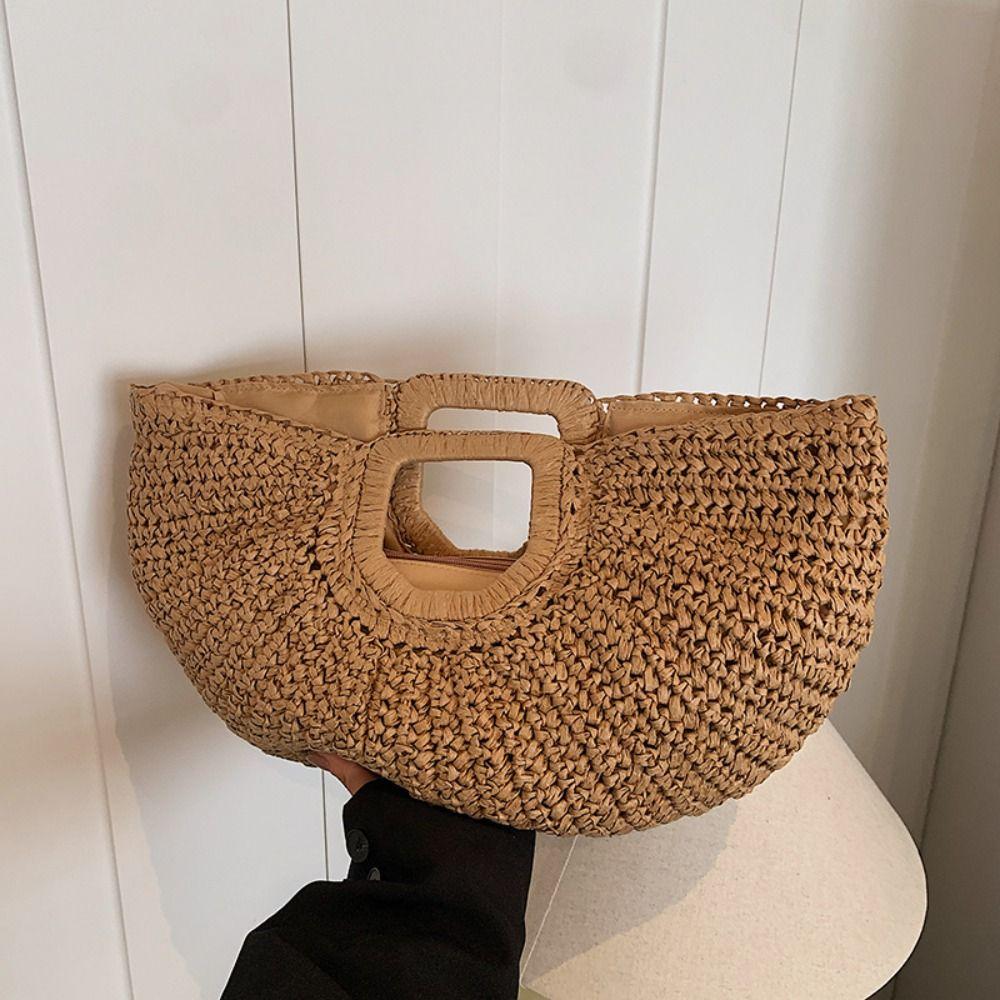 Handmade Lafite Straw Bag Large Capacity Summer Beach Handbag Trendy Weave Tote Bag  Girls