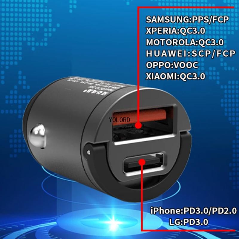 Mini Car USB Mobile Phone Charger 31mm Power Adapter 45W Hidden Installation USB+PD