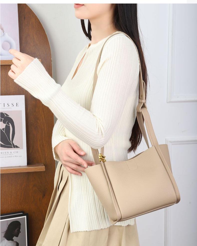 2026 Women's Genuine Leather Bucket Bag: Top Layer Cowhide, Versatile Single Shoulder & Crossbody Commuting Basket Bag