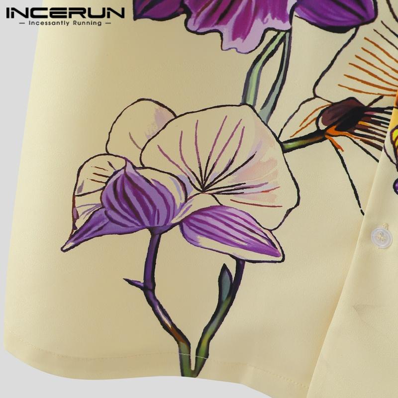 INCERUN Oversized Men Lapel Neck Short Sleeve Floral Print Casual Shirts