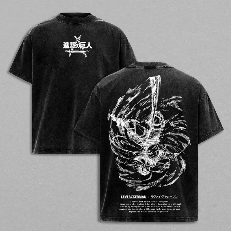 Manga Attack On Titan Levi Printed Tee Men Short Sleeve Clothing Washed Cotton T-shirt Vintage Casual T Shirt Harajuku Tshirt