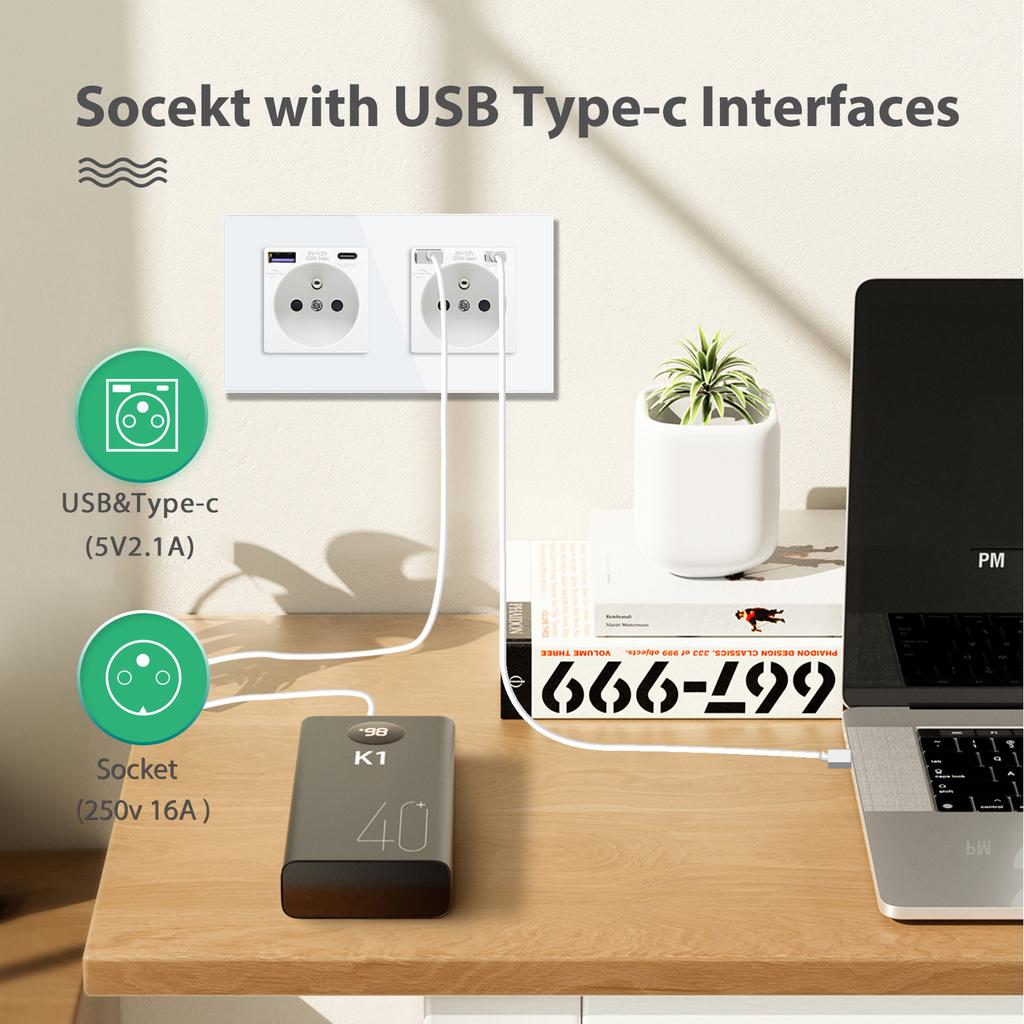 BSEED 1/2/3Gang Mechanical Wall Light Switch 1Way Plus French Socket USB Type-c Ports USB Power Sockets Glass Frame 16A