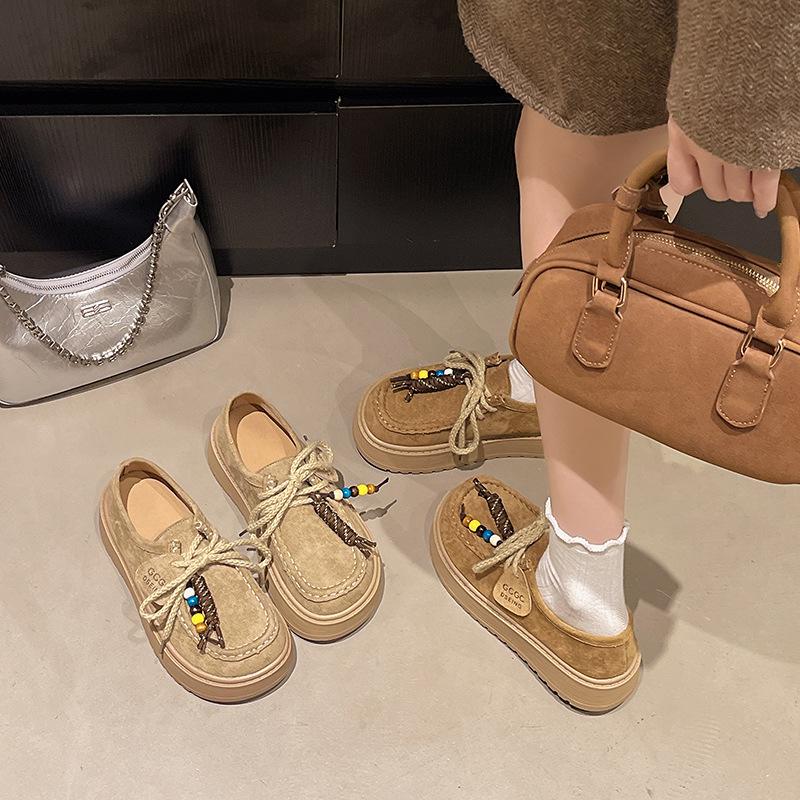 Retro fringed beaded loafers women's autumn 2025 new suede comfortable soft muffin sole casual shoes