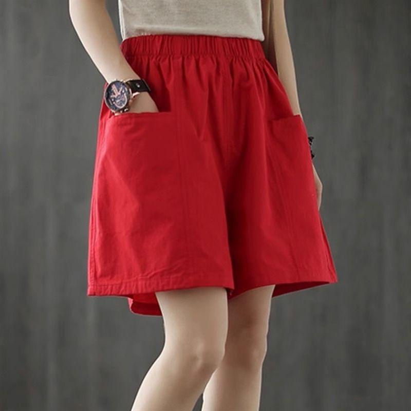 Women's Cotton Pocket Shorts - Summer Casual, Wide-Leg, Elastic Waist, Plus Size, Five-Point Length