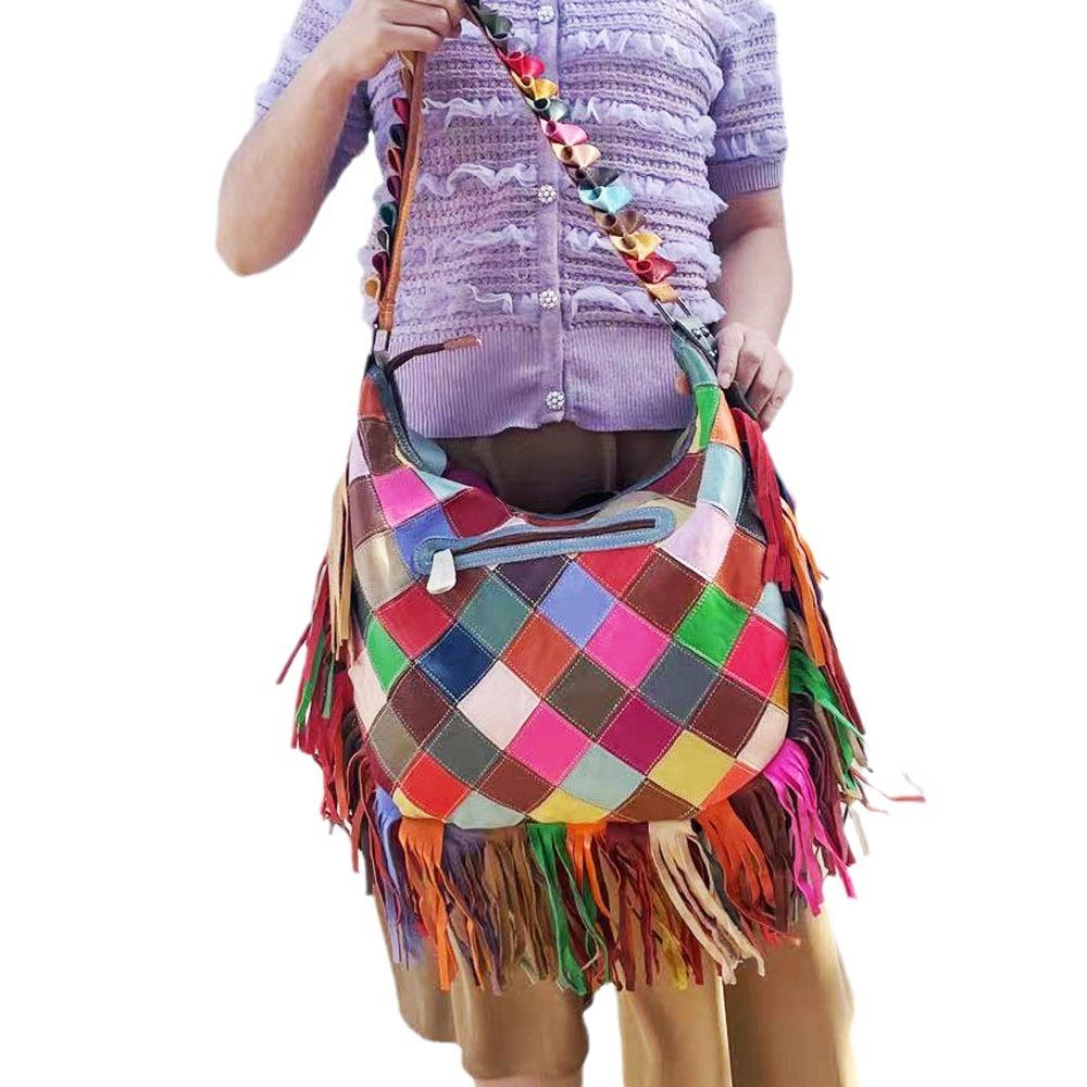 Damen Tasche Farbe Fransen Schafsleder Schultertasche Umhängetasche Stil Leder Spleißen Blatt Tasche