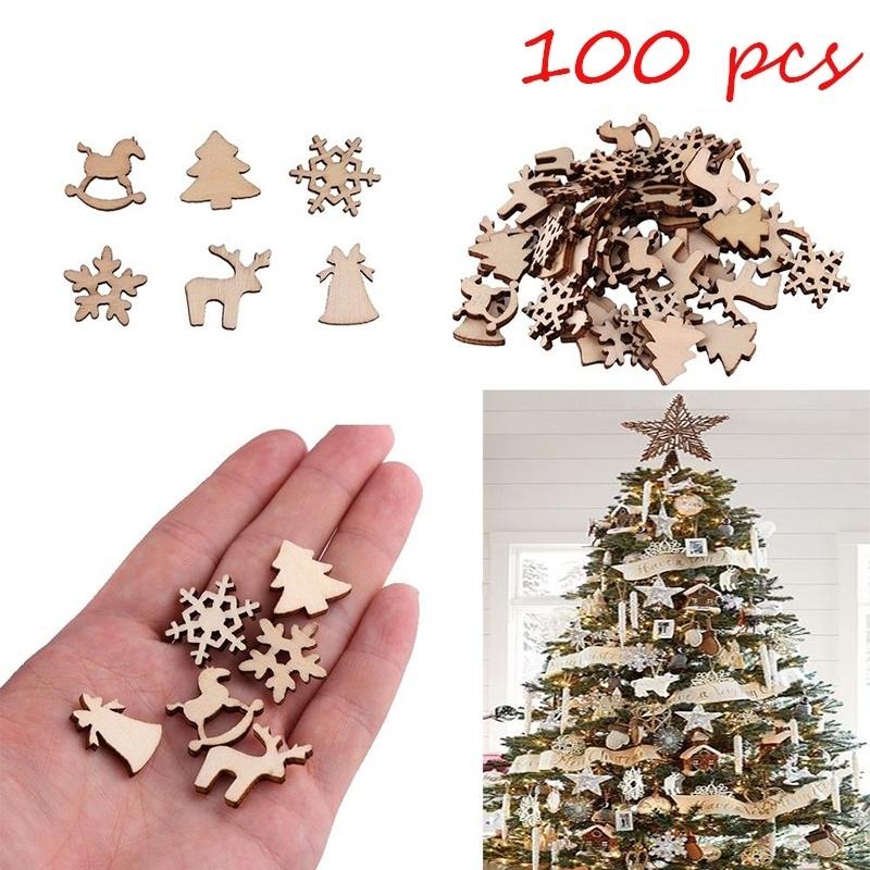 100Pcs Natural Wooden Christmas Ornaments DIY Wood Chips Xmas Tree Hanging Pendants Home Holiday Craft Gift Decoration Supplies