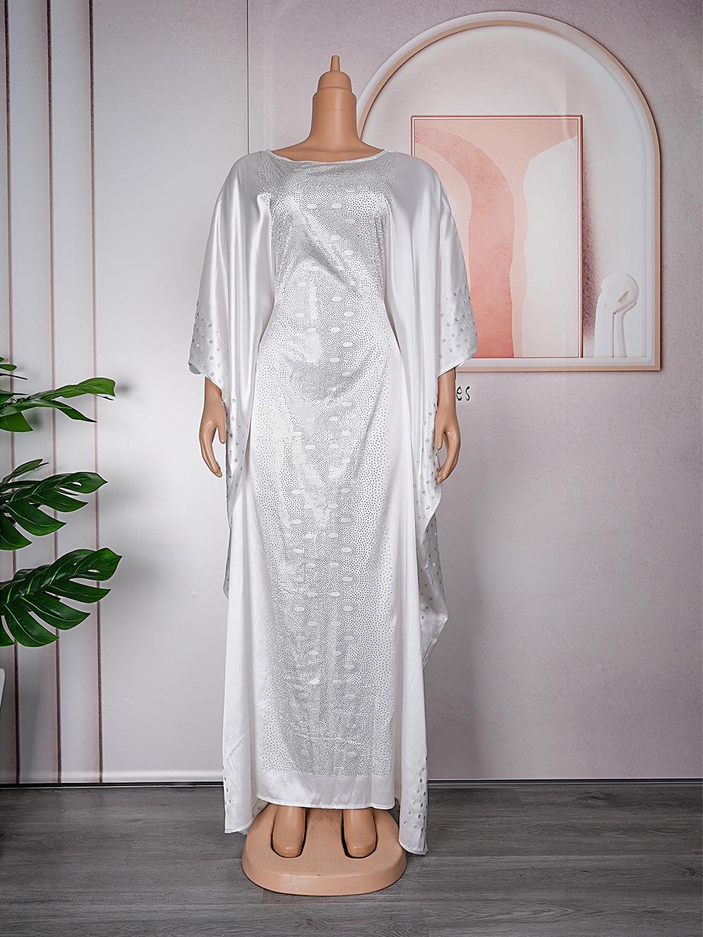 

Silk Satin Batwing Sleeve Maxi Dress with Adjustable Waist and Rhinestone Detail for Women One Size белый
