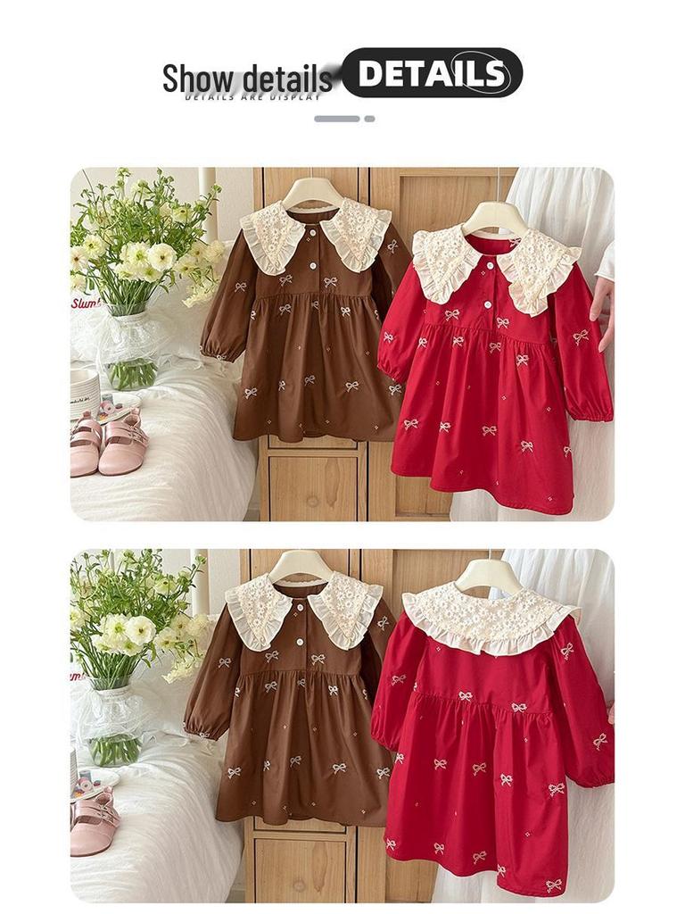 Spring Lace Collar Dress for Girls - Bow Embroidered Princess Skirt