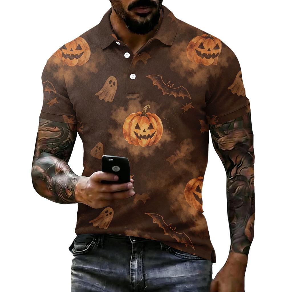 Herren Halloween Print Kurzarm Poloshirt Lockerer Schnitt Lässig Sommer Tägliches Tragen Hemdkragen mit Knöpfen
