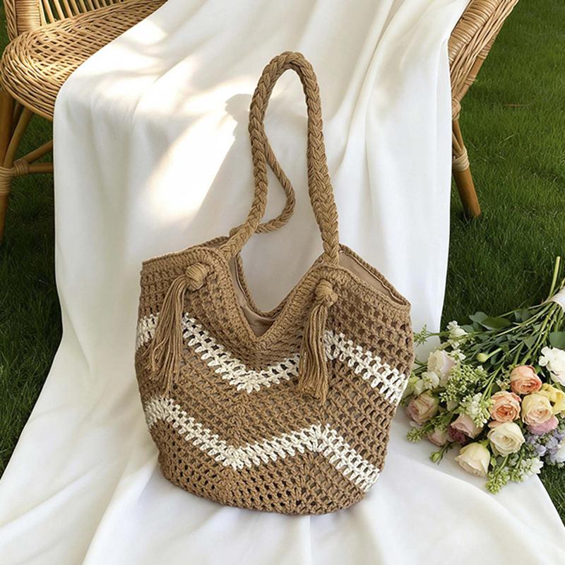 

Yogodlns Beachside Large Capacity Hollow out Woven Women s Shoulder Bag Simple Style Summer New Design Underarm Tote Bag 35x2x36cm хаки