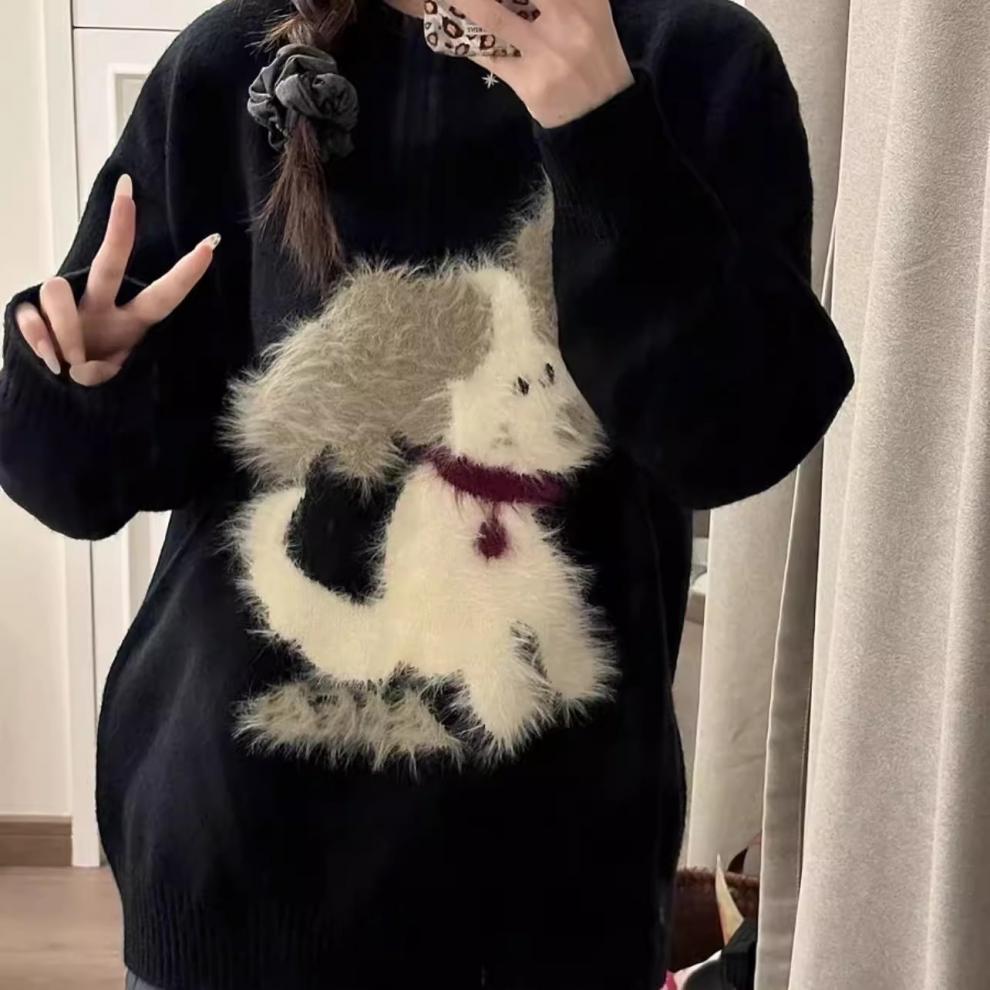 Autumn/Winter Small Dog Jacquard Sweater: Women's Casual Loose-Fit, Age-Reducing, Trendy Round Neck Knitwear.