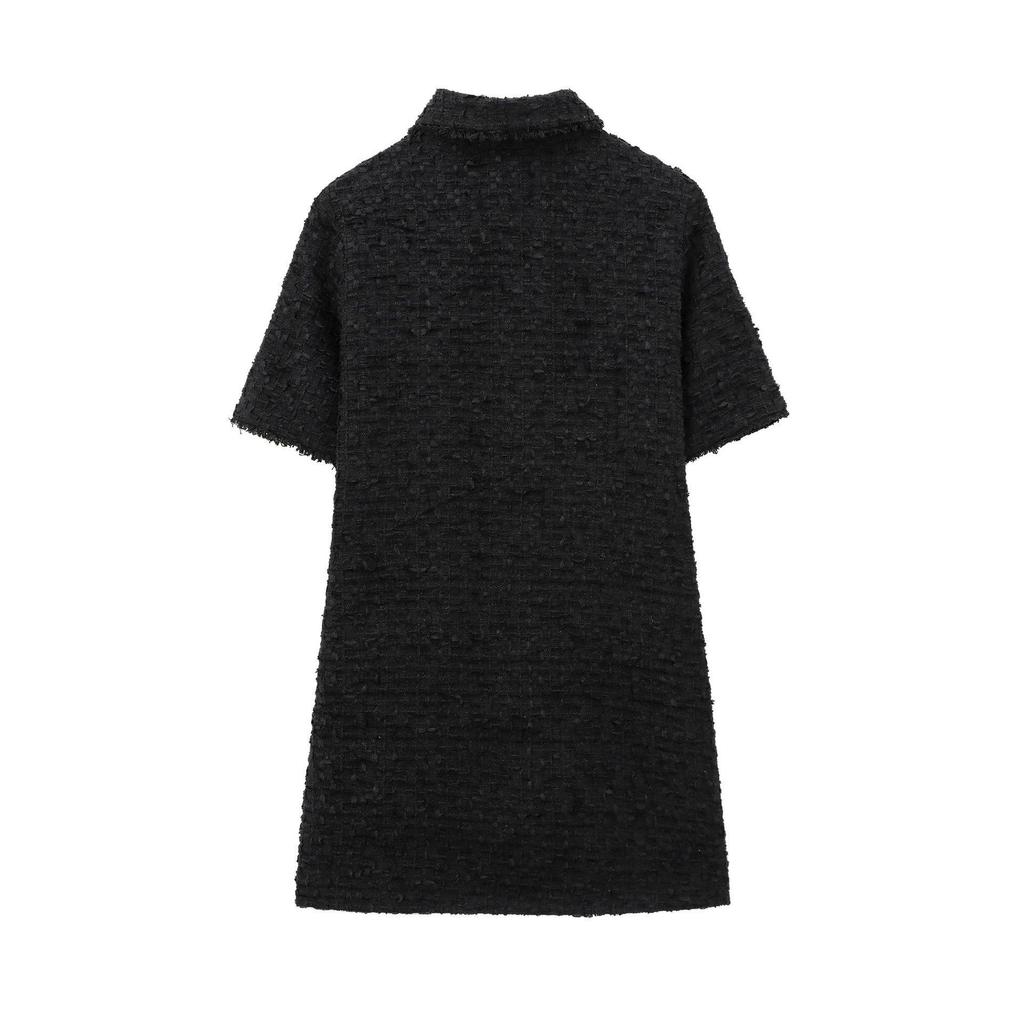 2024 Fall/Winter European & American Women's Textured Short Sleeve Shirt Dress with Turn-Down Collar