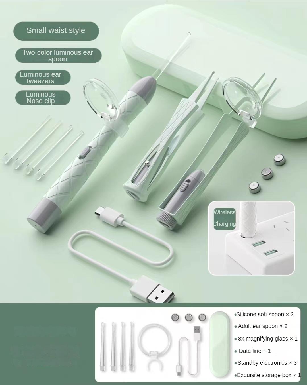 Набор светящихся ушных ложек, пинцет для чистки ушной серы, светодиодная подсветка, зажим для носа, для детей и взрослых, набор инструментов для ухода за ушами, USB-зарядка