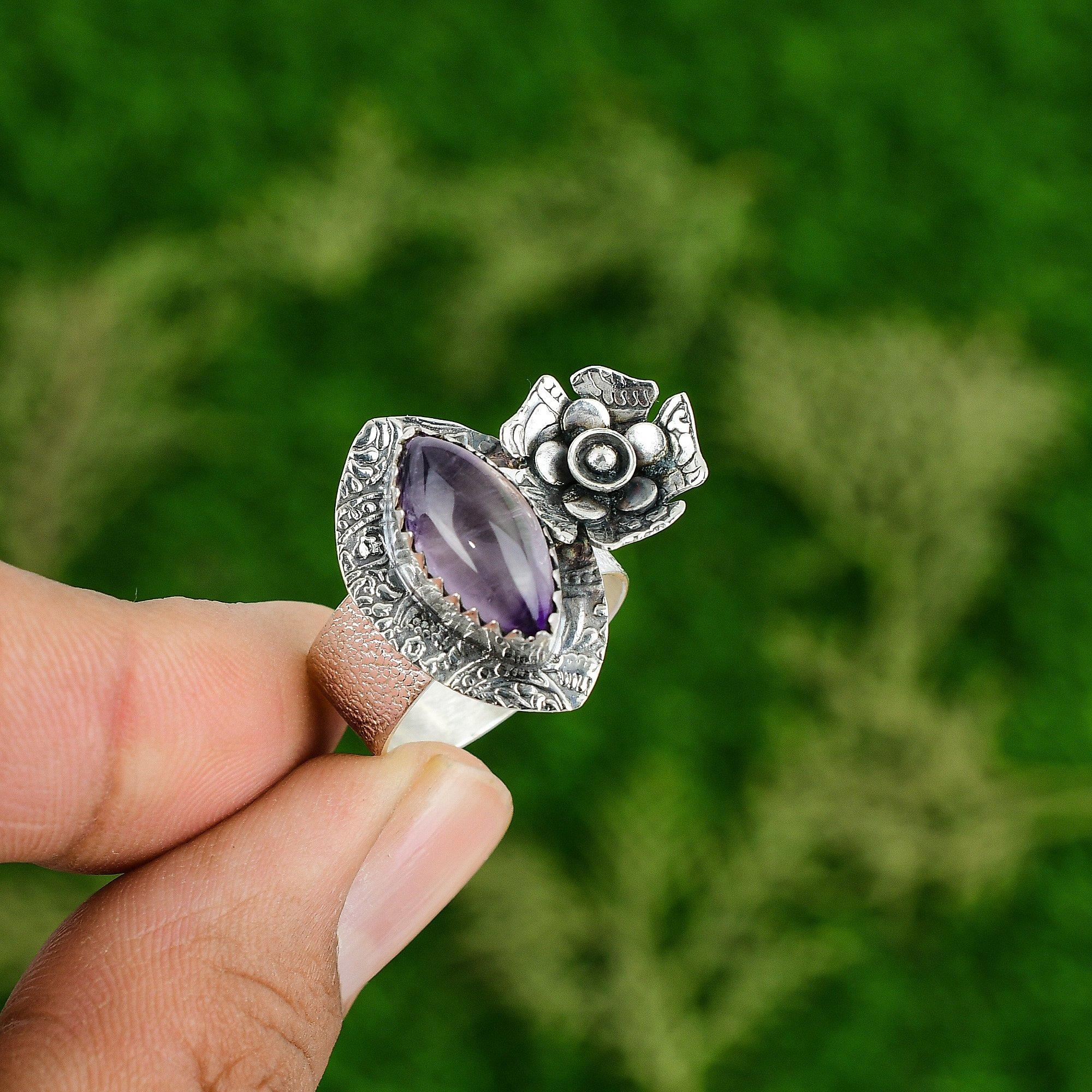 

Gift For Her Natural African Amethyst Promise Flower Ring Size 8.75 925 Silver 8.75