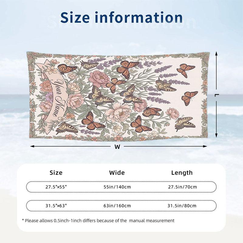 Butterflies Garden Theme Quick Dry Beach Towel Custom Name Text Print Large Sand Resistant Towel Beach Vacation