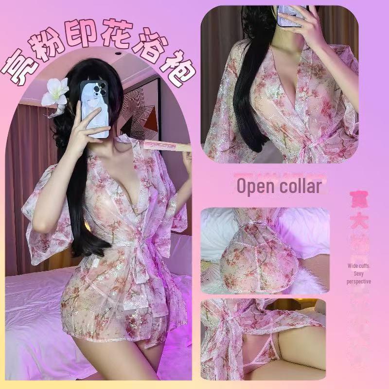 Alluring Deep V Japanese Kimono Pajamas Set with Sheer Outer Blouse and Bathrobe - Women's Sensual Lingerie