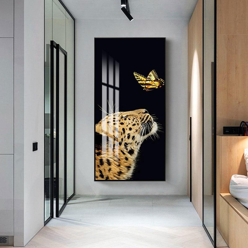 Leu, tigru, leopard, fluture, pictură modernă pe pânză, artă de perete, animale, afișe și imprimeuri nordice, decorațiuni pentru locuință.