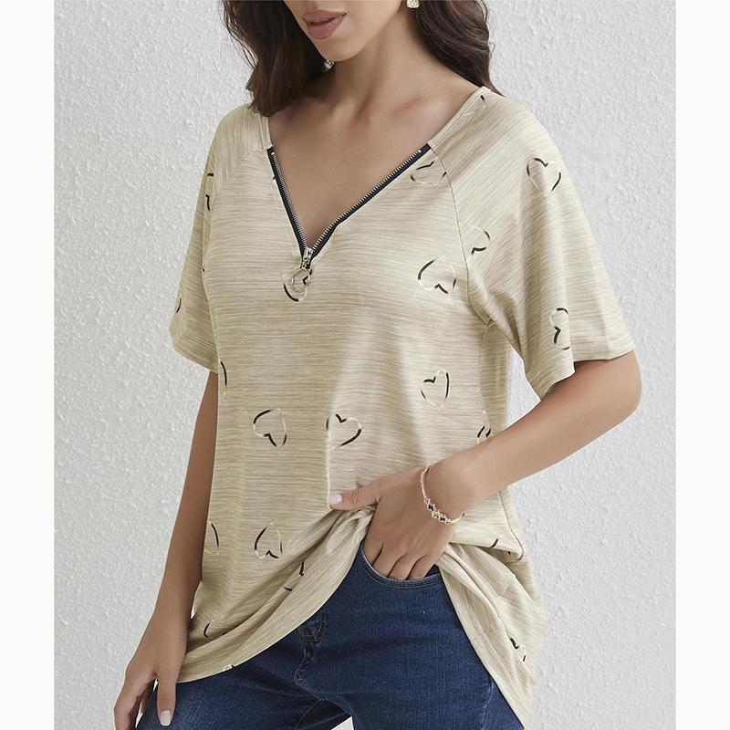 Spring Summer New Zipper Short Sleeve Shirt Women Tops Casual Love Print Pullover T-shirt Woman Fashion Elegant Loose Lady Blouse 24145