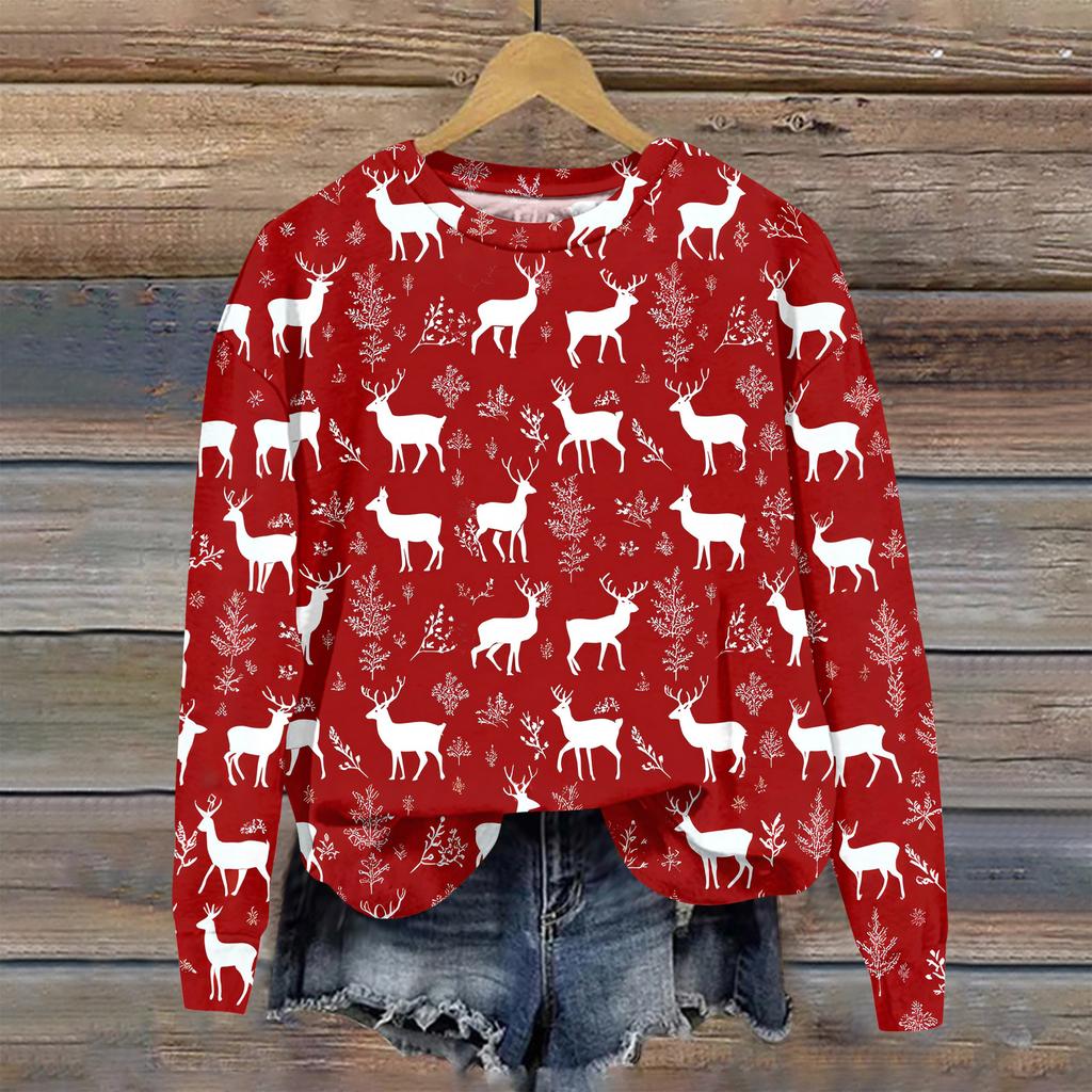 Women's Christmas Printed Casual Fashion Long Sleeve Round Neck Pullover Top