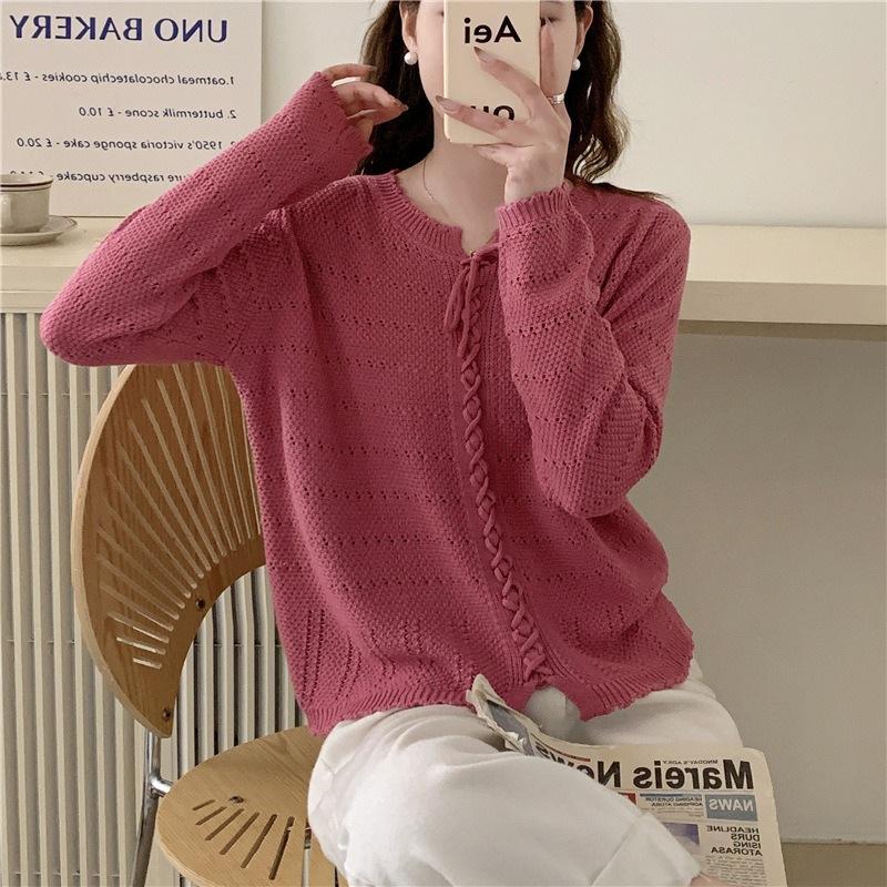 Spring Solid Color Sweater Top Thin Lace Round Neck Knitted Sweater for Women
