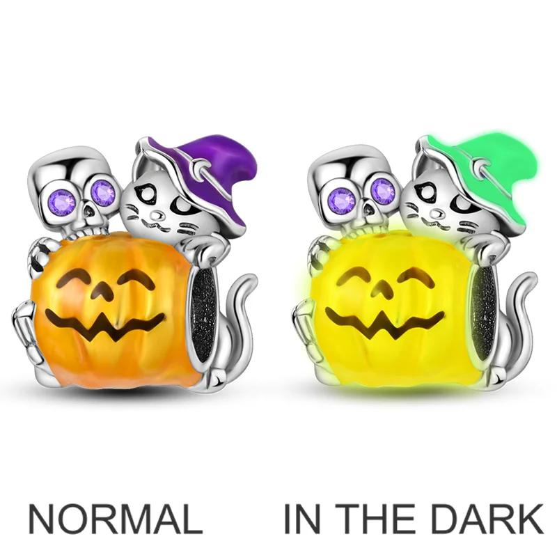 Halloween Charms Beads Copper Plated Pendants Luminous Pumpkin Head Dangle Fit Original Bangle Bracelet Necklace Diy Jewelry