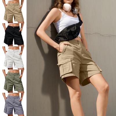 Women Vintage Elastic Low Waist Cargo Shorts Summer Casual Solid Short Overalls Pants with Pockets for Sports