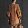 Womens Fringe Suede T-Shirt Dress with Lantern Sleeves