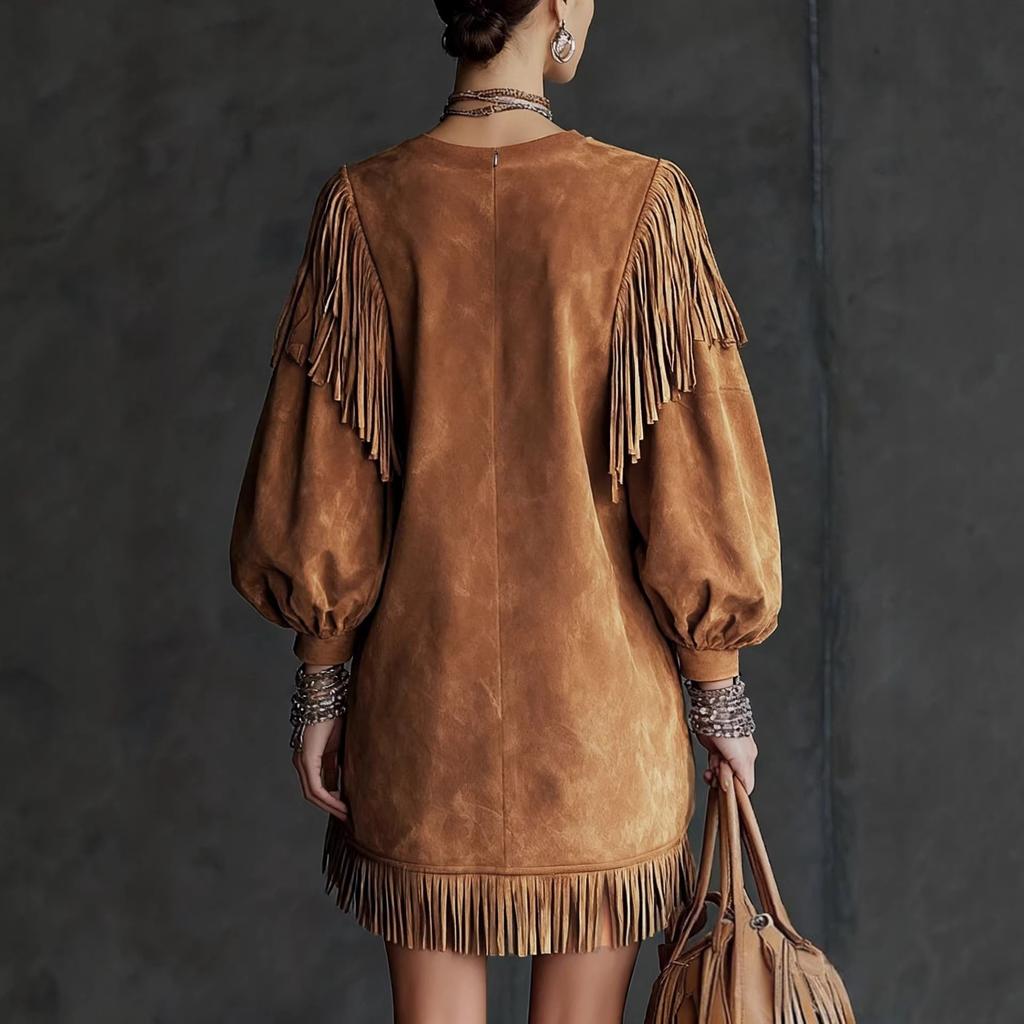 Womens Fringe Suede T-Shirt Dress with Lantern Sleeves