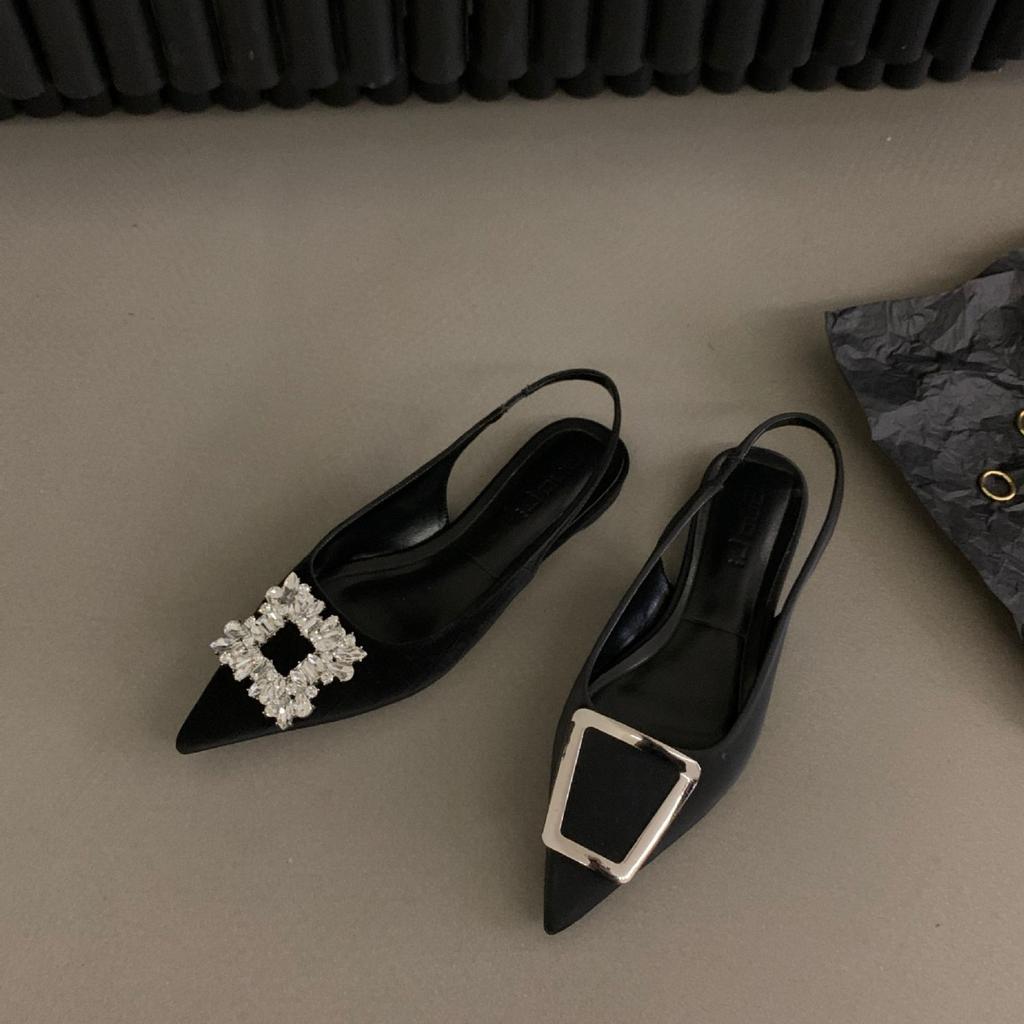 French flat-bottomed black back strap bag head sandals women's 2025 new spring and summer pointed rhinestone temperament single shoes