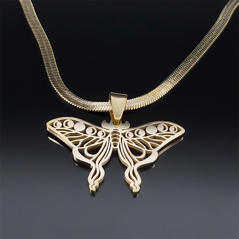 Moth Pendant Necklace Witchcraft Moon Phase Choker for Women Stainless Steel Gold Color Clavicle Chain Necklaces Jewelry N8025