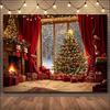 Christmas Winter Background Vintage fireplace Party Decoration Children's Photo Studio Supplies Xmas Tree Lanterns Snowy Scenery