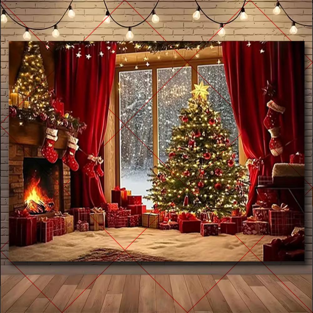 Christmas Winter Background Vintage fireplace Party Decoration Children's Photo Studio Supplies Xmas Tree Lanterns Snowy Scenery