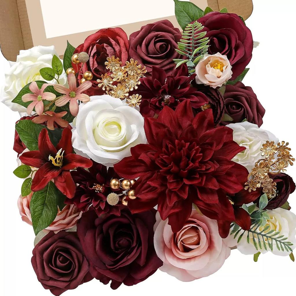 Artificial Flower Combination Box Set, Pink Silk Artificial Rose Bride Bouquet for Outgoing/Indoor DIY Center Piece Flowers for