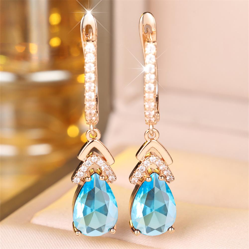 Aqua Blue Crystal Water Drop Stone Pendant Hoop Earrings For Women Multicolor Zircon Gold Color Ear Buckle Wedding Jewelry Gifts
