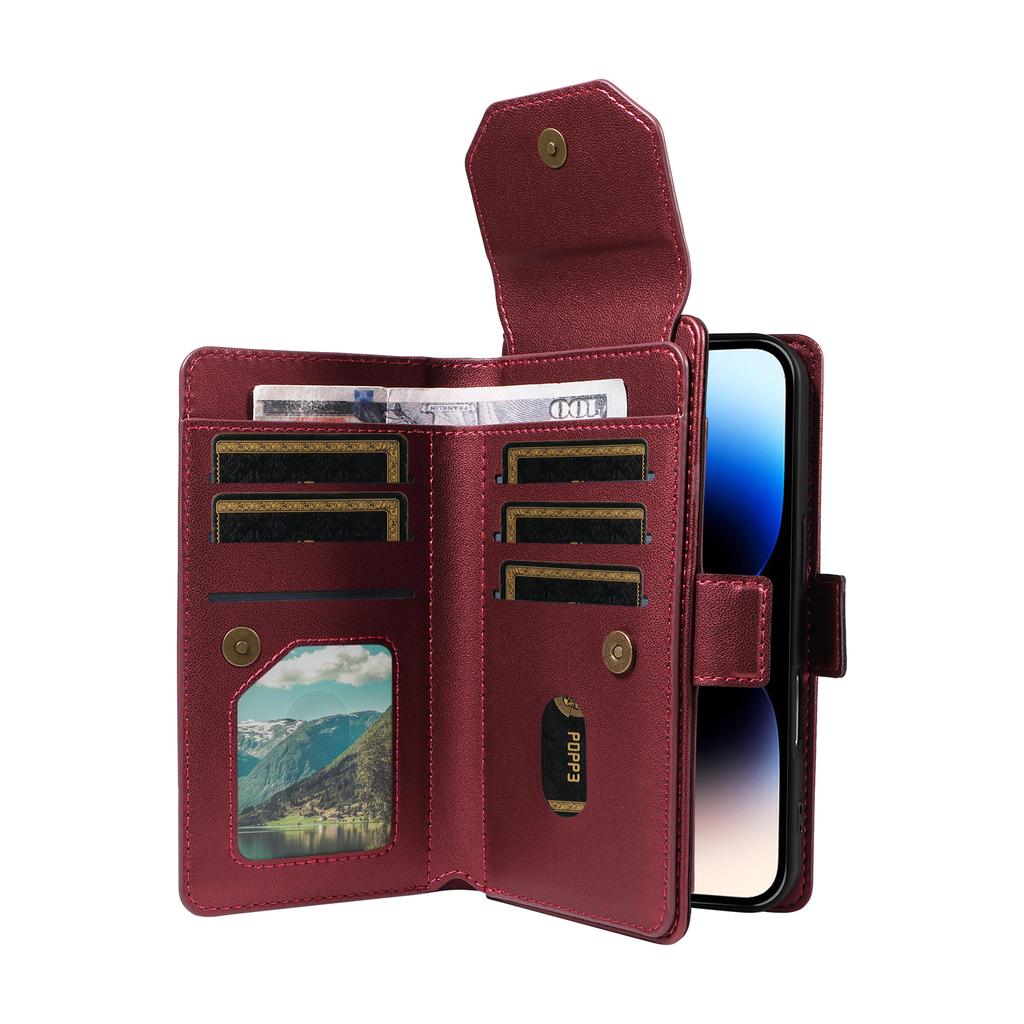 For iPhone 14 Pro Max Case with Multi-Card Holder and Strap PU Leather Phone Cover Stand