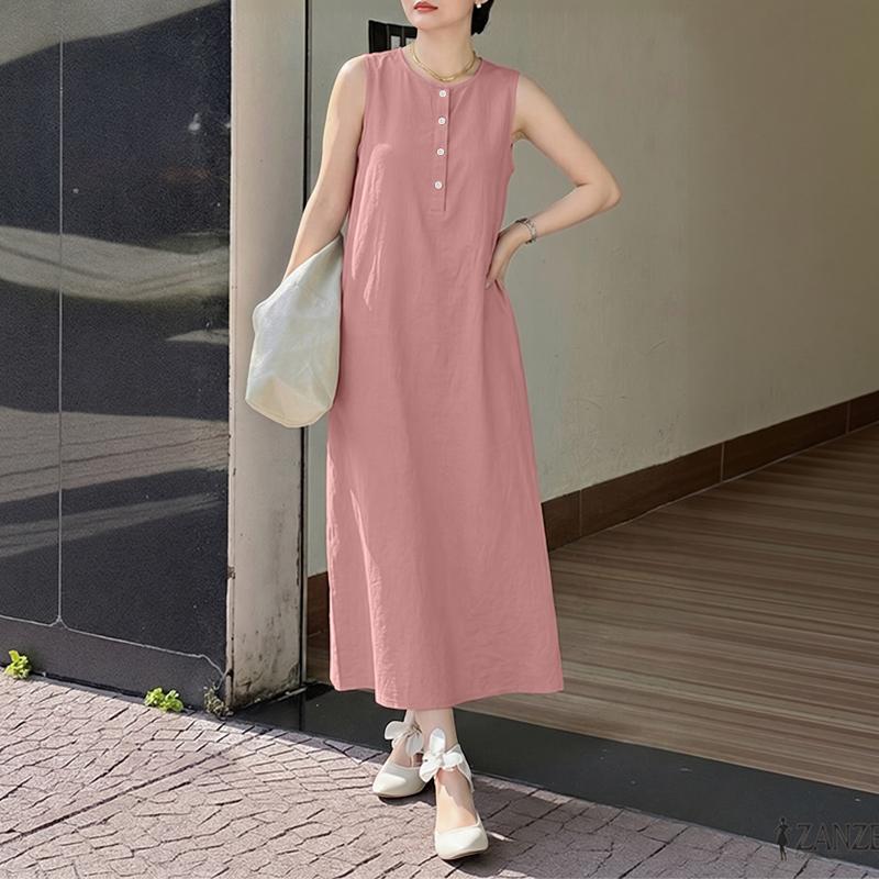 ZANZEA Lässiges, ärmelloses Kleid mit Rundhalsausschnitt und einfarbigem Muster für Damen