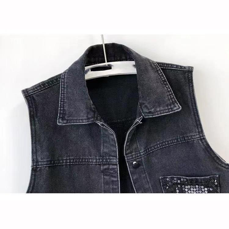 Fashion Design Sequins Summer Autumn Women's Waistcoat Korean Leeveless Denim Jeans Jacket Vest