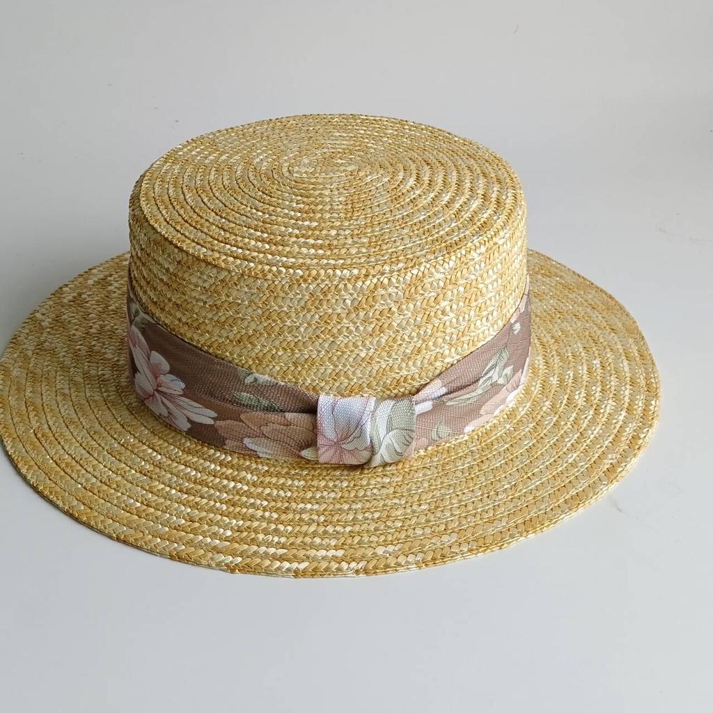 Women's Flat-Top Straw Hat with Wide French Style Ribbon Stylish Summer Sun Protection & Beach Hat Sun Hat
