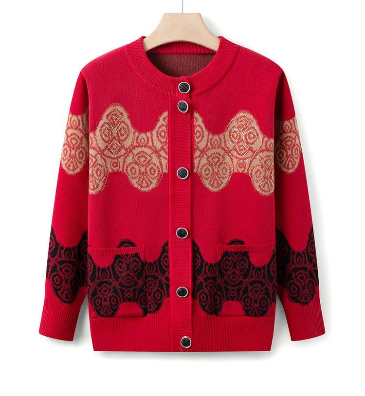 

Grandma Wear Autumn Sweater Jacket Middle-aged and Elderly Round Neck Cardigan Top for Women 50 Years Old 60 Mother Fashionable Knitted Sweater XL