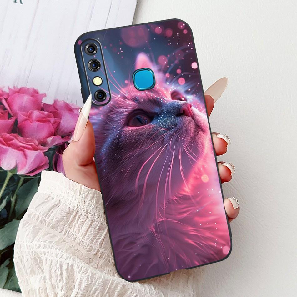 For Infinix Hot 8 Phone Case Hot 8 Lite Hot8 X650 X650C X650B X650D Elegant Floral Cat Pattern Black Silicone Soft TPU Cases