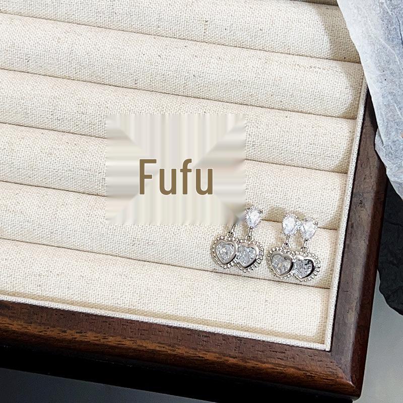 Retro Hong Kong Double Heart Tassel Zircon Stud Earrings Women’s 2024 Niche Design Elegant Ear Jewelry