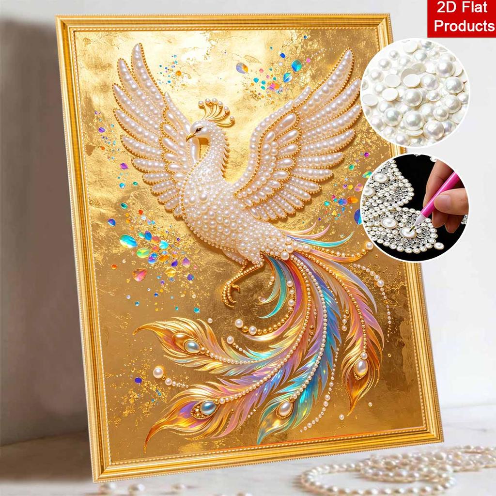 DIY Pearl Gem Golden Peacock Bird Shining Bead Craft Art Home Wall Ornament Simple Unframed Room Decoration Art Piece Modern Elegant Decor Gift