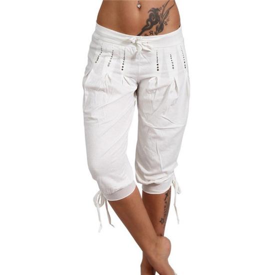 Plus Size Casual Women's Solid Color Sequined Pleated Drawstring Capri Pants
