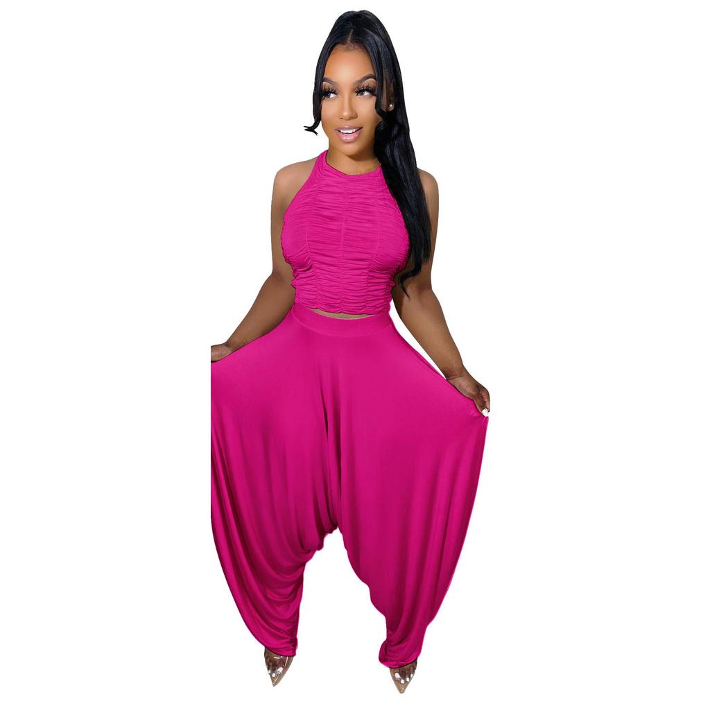 Pleated Sleeveless Wide-Leg Pants Two-Piece Set - European & American Style Women's Summer Outfit