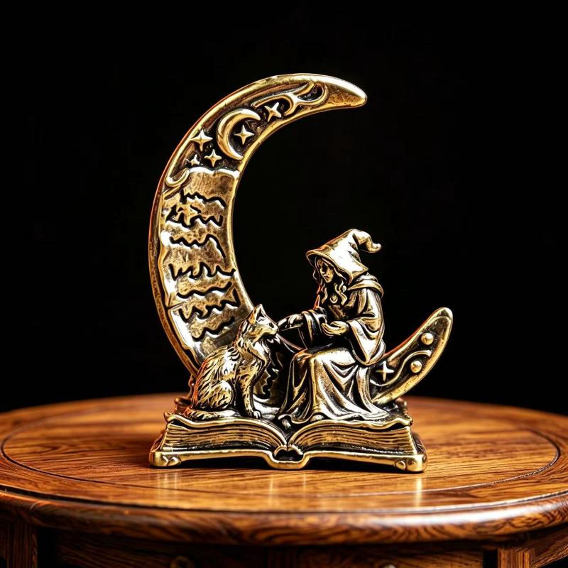 Moon Witch Statue Creative Desktop Decor Handmade Resin Craft Ornament for Home Office Tea Pet Gift